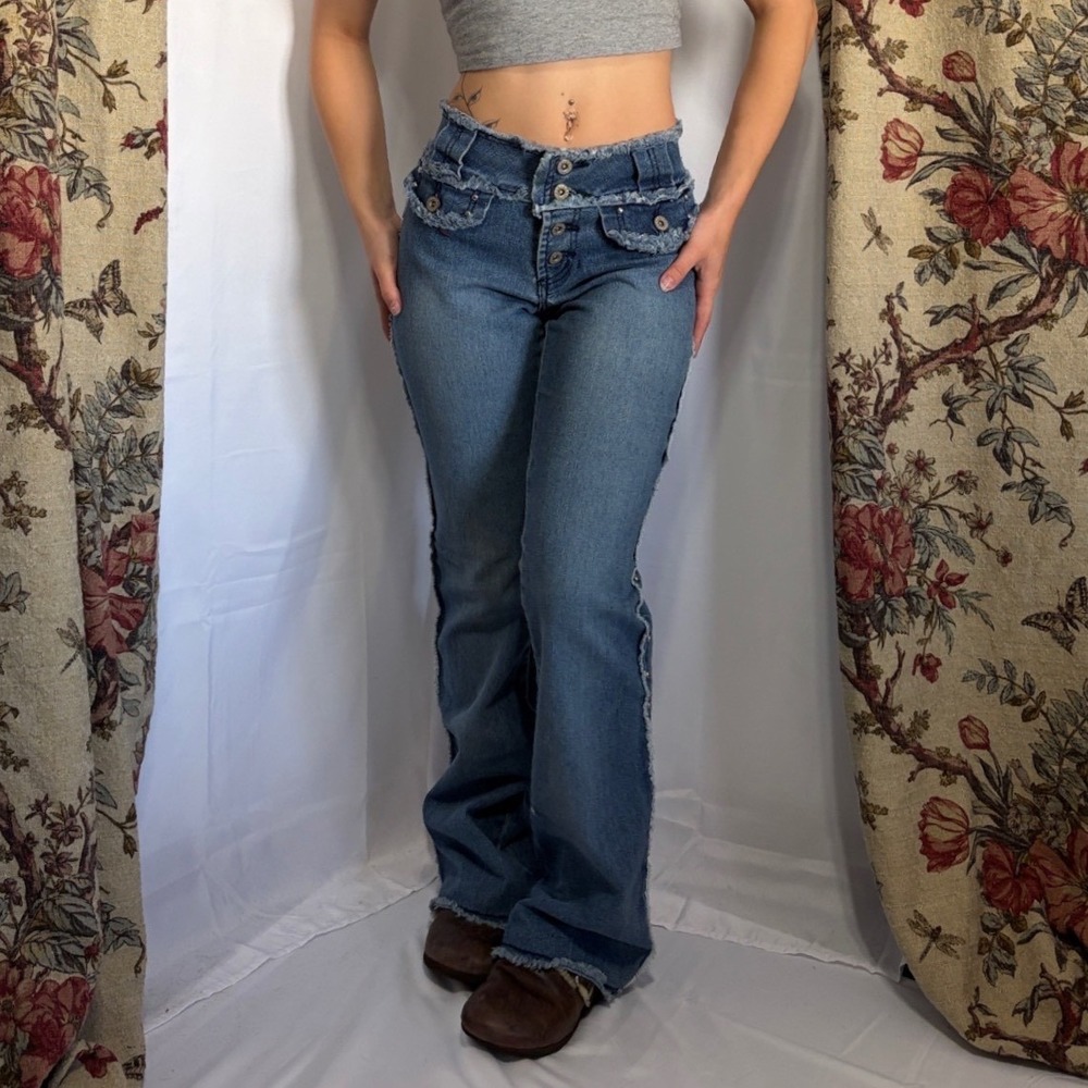 Lazer Jeans Stunning Y2K Distressed Flare Jeans with Blue Studded Denim detail